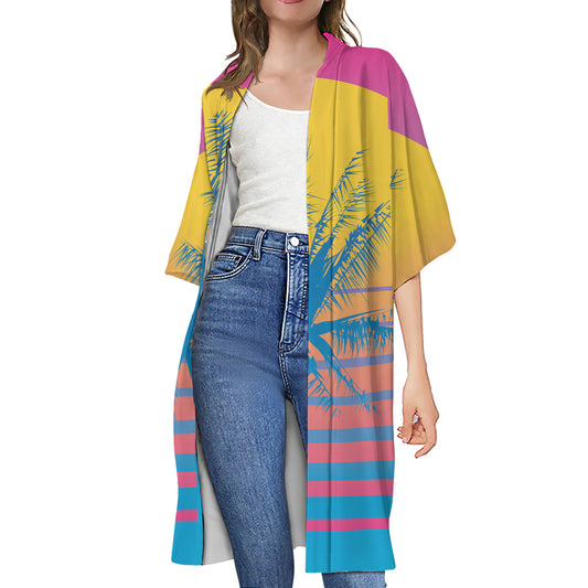 Retrowave Sunset Palm Tree Print Open Front Beach Cover Up