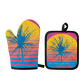Retrowave Sunset Palm Tree Print Oven Mitt And Pot Holder Set
