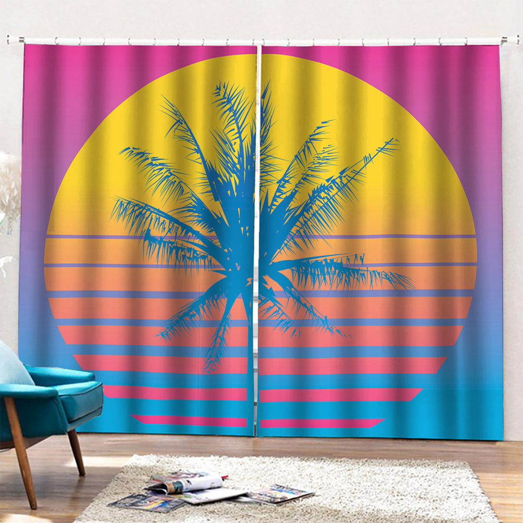 Retrowave Sunset Palm Tree Print Pencil Pleat Curtains