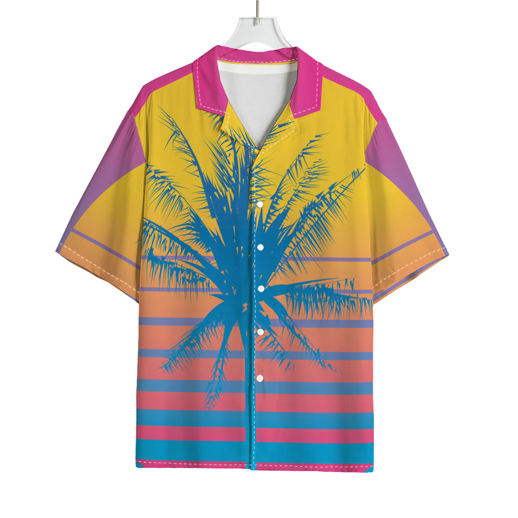 Retrowave Sunset Palm Tree Print Rayon Hawaiian Shirt