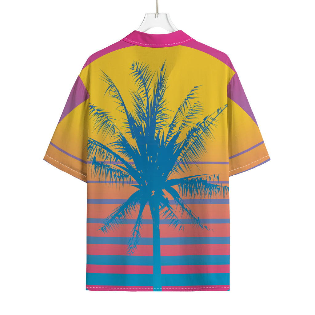 Retrowave Sunset Palm Tree Print Rayon Hawaiian Shirt