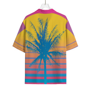 Retrowave Sunset Palm Tree Print Rayon Hawaiian Shirt