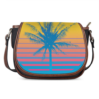 Retrowave Sunset Palm Tree Print Saddle Bag