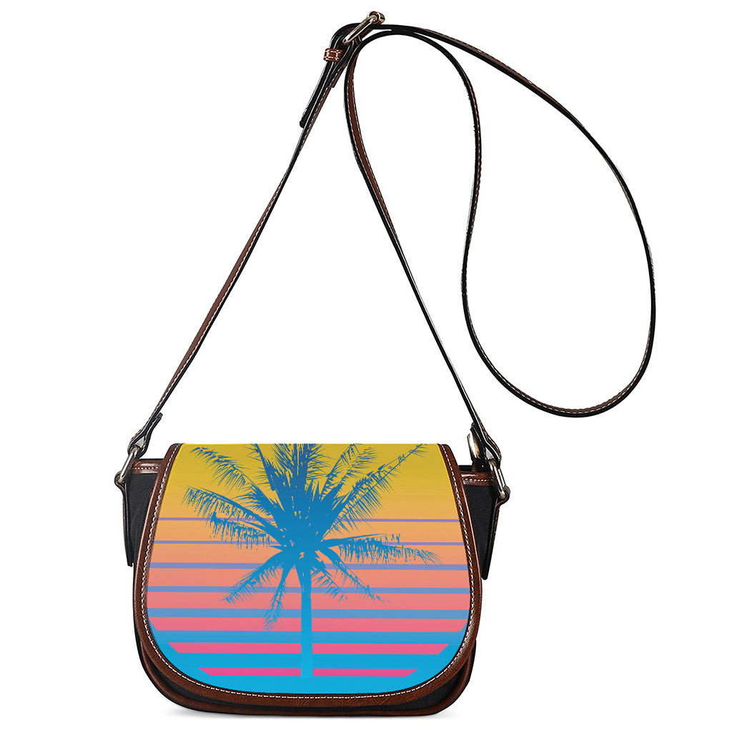 Retrowave Sunset Palm Tree Print Saddle Bag