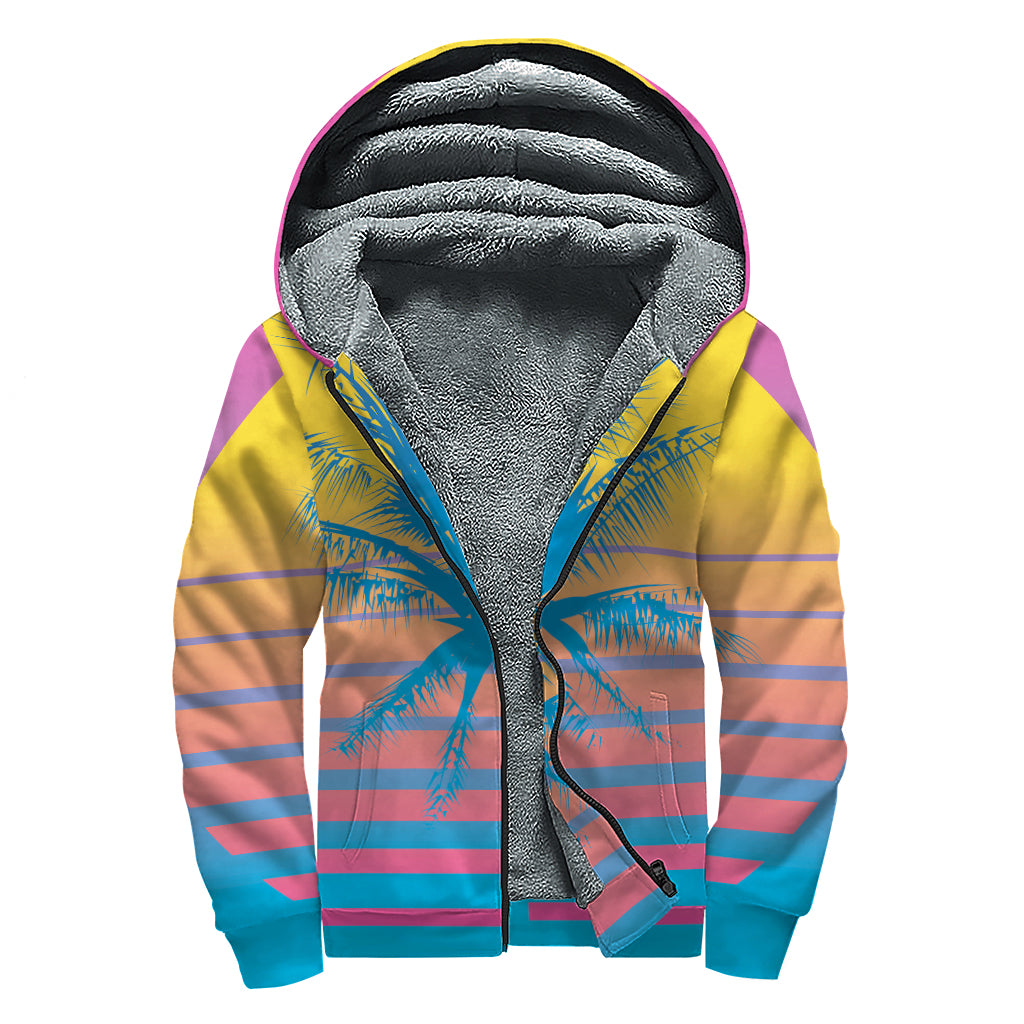 Retrowave Sunset Palm Tree Print Sherpa Lined Zip Up Hoodie