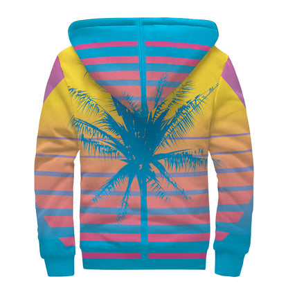 Retrowave Sunset Palm Tree Print Sherpa Lined Zip Up Hoodie