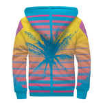 Retrowave Sunset Palm Tree Print Sherpa Lined Zip Up Hoodie