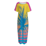 Retrowave Sunset Palm Tree Print Short Sleeve Long Nightdress