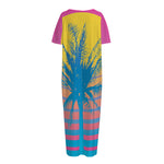 Retrowave Sunset Palm Tree Print Short Sleeve Long Nightdress