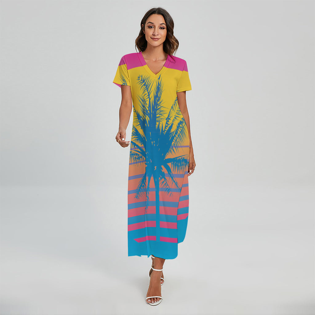 Retrowave Sunset Palm Tree Print Short Sleeve Maxi Dress