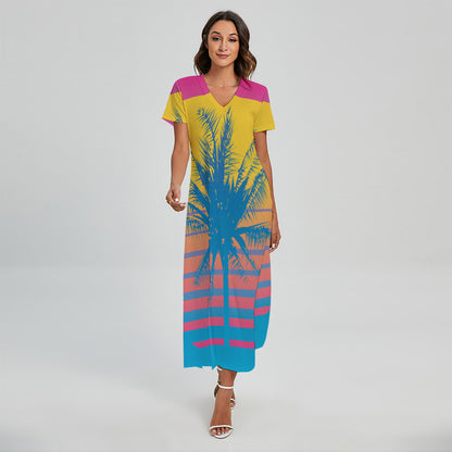 Retrowave Sunset Palm Tree Print Short Sleeve Maxi Dress
