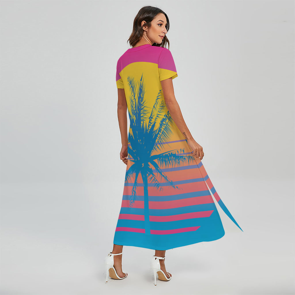 Retrowave Sunset Palm Tree Print Short Sleeve Maxi Dress
