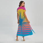 Retrowave Sunset Palm Tree Print Short Sleeve Maxi Dress
