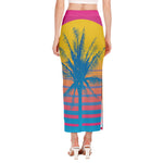Retrowave Sunset Palm Tree Print Side Slit Maxi Skirt