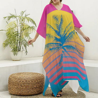 Retrowave Sunset Palm Tree Print Silk V-Neck Kaftan Dress