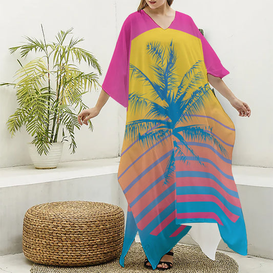 Retrowave Sunset Palm Tree Print Silk V-Neck Kaftan Dress