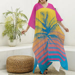 Retrowave Sunset Palm Tree Print Silk V-Neck Kaftan Dress