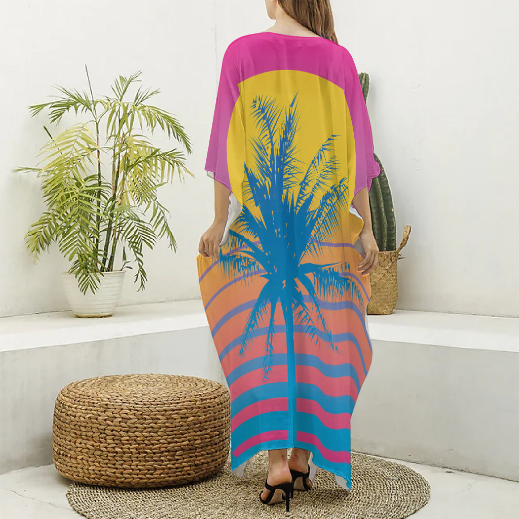 Retrowave Sunset Palm Tree Print Silk V-Neck Kaftan Dress