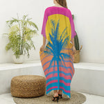 Retrowave Sunset Palm Tree Print Silk V-Neck Kaftan Dress