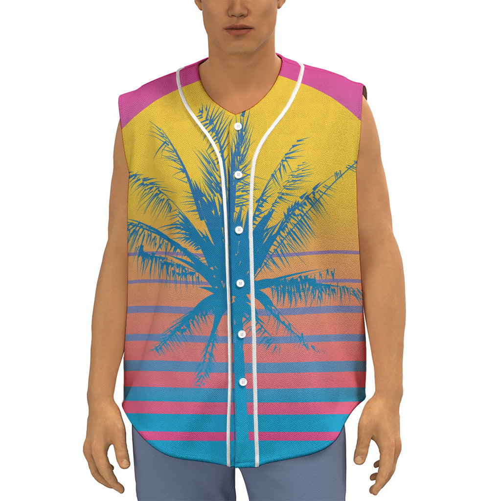 Retrowave Sunset Palm Tree Print Sleeveless Baseball Jersey