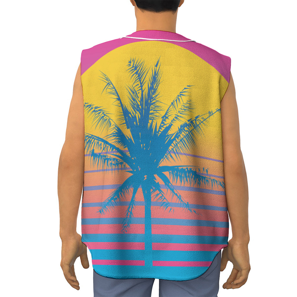 Retrowave Sunset Palm Tree Print Sleeveless Baseball Jersey