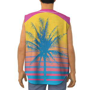 Retrowave Sunset Palm Tree Print Sleeveless Baseball Jersey