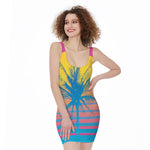 Retrowave Sunset Palm Tree Print Sleeveless Bodycon Dress