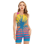 Retrowave Sunset Palm Tree Print Sleeveless One Piece Swimsuit