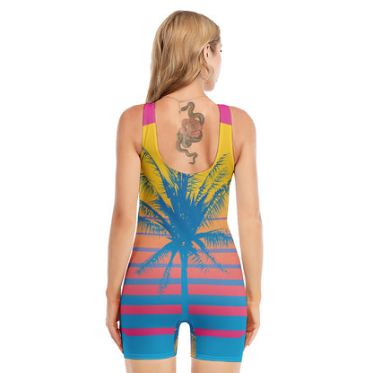 Retrowave Sunset Palm Tree Print Sleeveless One Piece Swimsuit