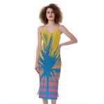 Retrowave Sunset Palm Tree Print Slim Fit Midi Cami Dress