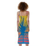 Retrowave Sunset Palm Tree Print Slim Fit Midi Cami Dress