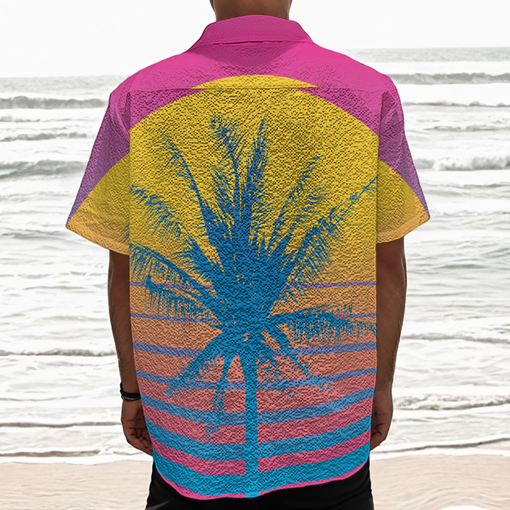 Retrowave Sunset Palm Tree Print Textured Short Sleeve Shirt