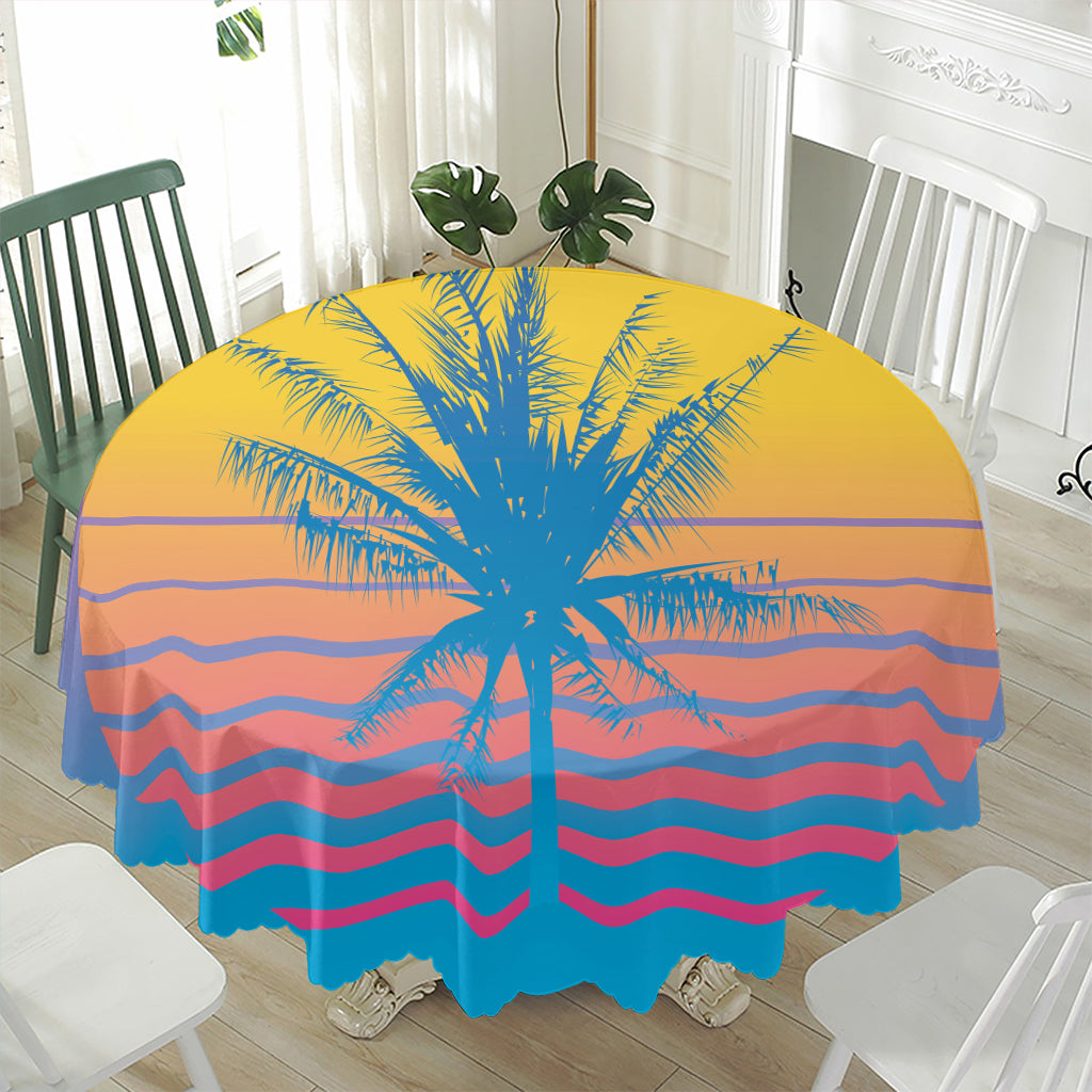 Retrowave Sunset Palm Tree Print Waterproof Round Tablecloth