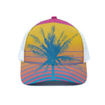 Retrowave Sunset Palm Tree Print White Mesh Trucker Cap