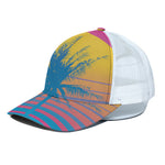 Retrowave Sunset Palm Tree Print White Mesh Trucker Cap