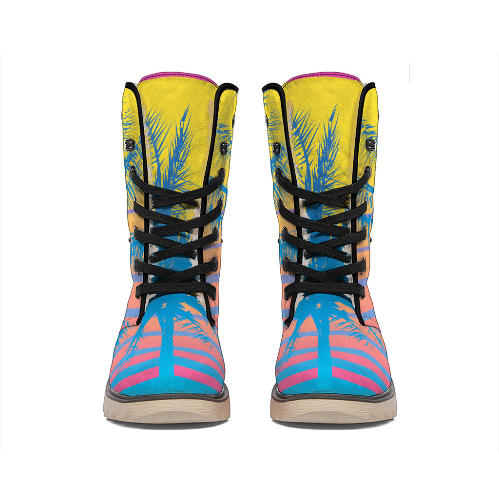 Retrowave Sunset Palm Tree Print Winter Boots