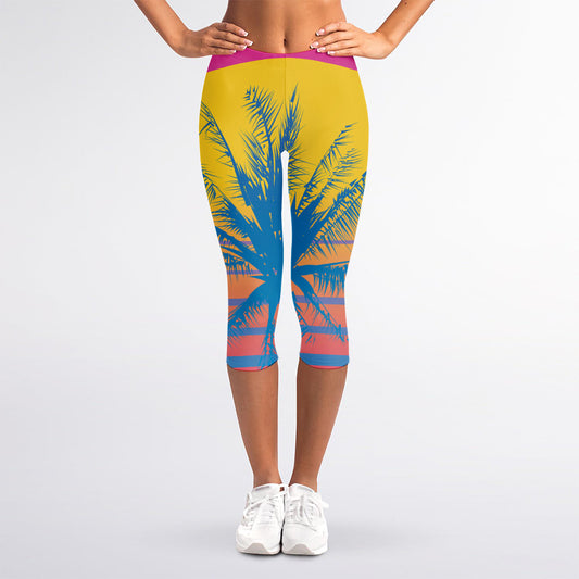 Retrowave Sunset Palm Tree Print Women's Capri Leggings