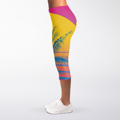 Retrowave Sunset Palm Tree Print Women's Capri Leggings