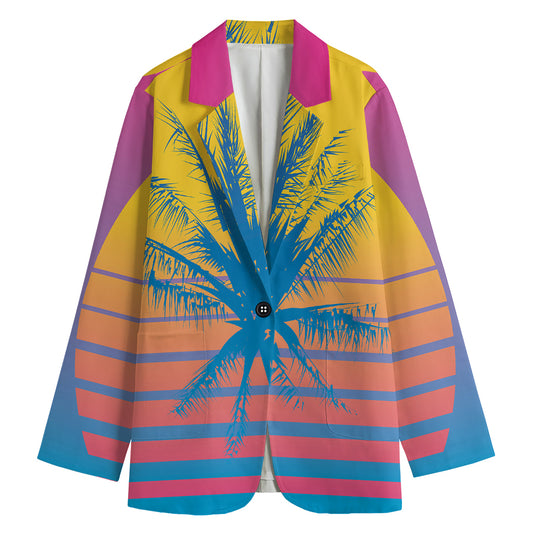 Retrowave Sunset Palm Tree Print Women's Cotton Blazer