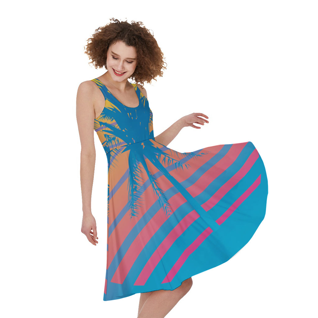 Retrowave Sunset Palm Tree Print Women's Sleeveless Dress