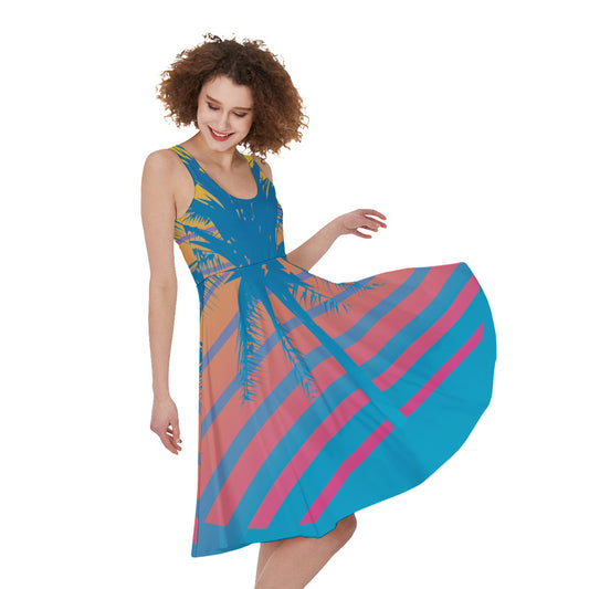 Retrowave Sunset Palm Tree Print Women's Sleeveless Dress