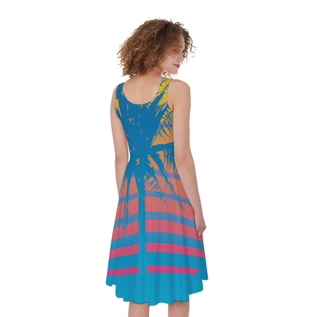 Retrowave Sunset Palm Tree Print Women's Sleeveless Dress