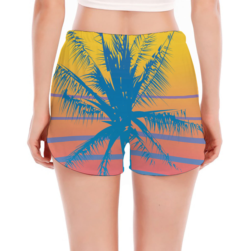 Retrowave Sunset Palm Tree Print Women's Split Running Shorts