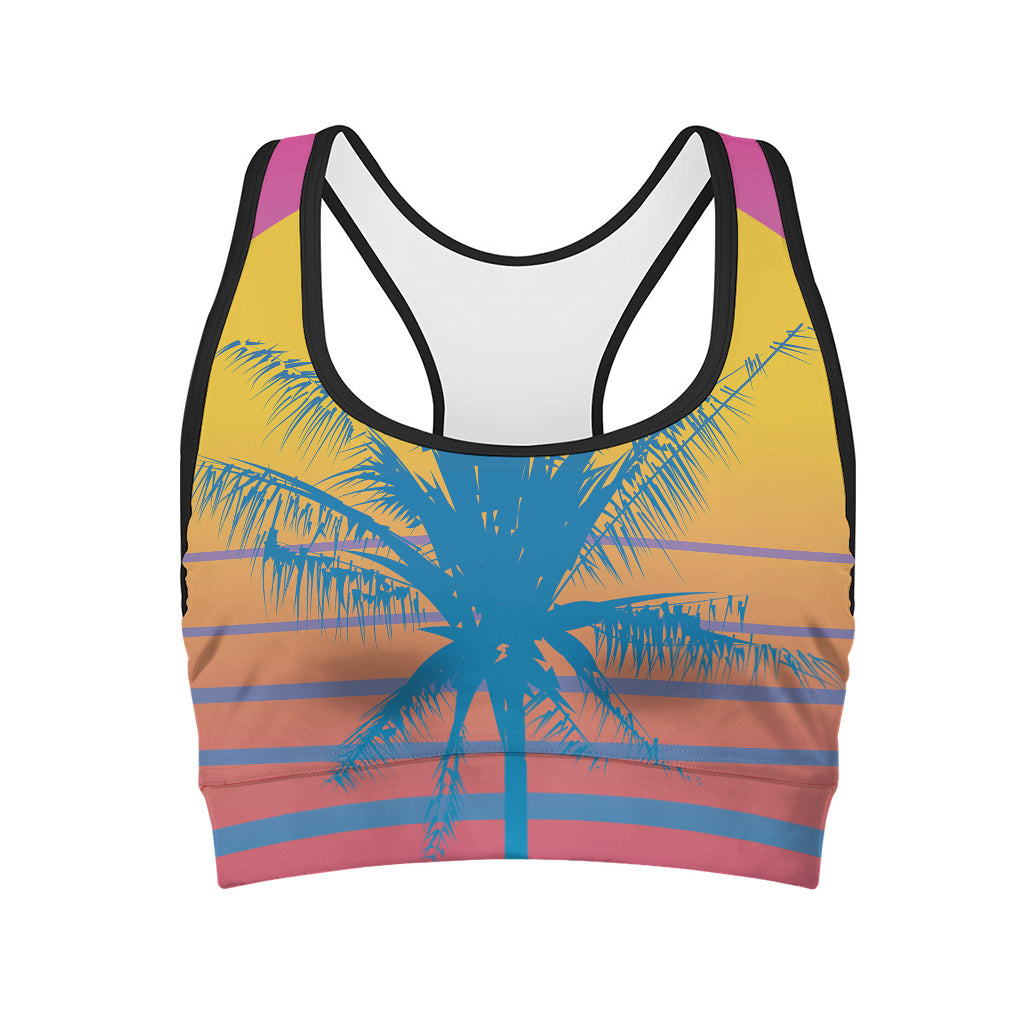 Retrowave Sunset Palm Tree Print Women's Sports Bra