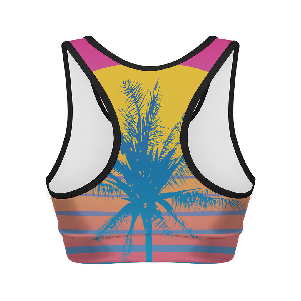Retrowave Sunset Palm Tree Print Women's Sports Bra