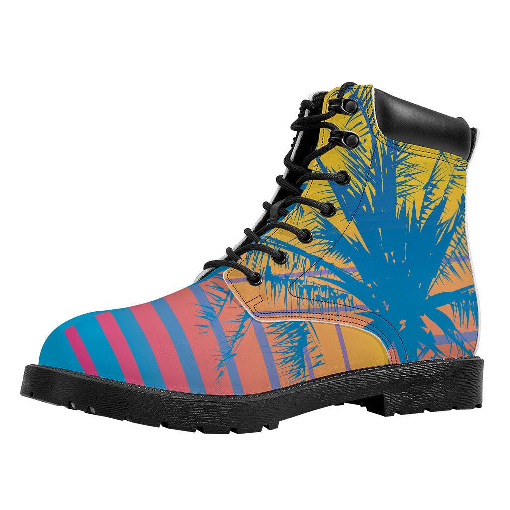 Retrowave Sunset Palm Tree Print Work Boots
