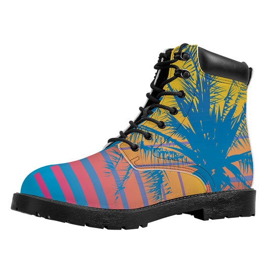 Retrowave Sunset Palm Tree Print Work Boots