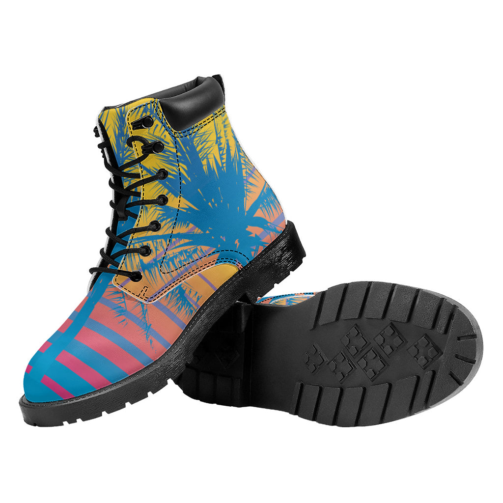 Retrowave Sunset Palm Tree Print Work Boots