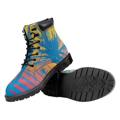 Retrowave Sunset Palm Tree Print Work Boots