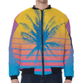 Retrowave Sunset Palm Tree Print Zip Sleeve Bomber Jacket